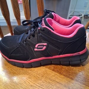 Skechers Women's Black and Pink Flex Sole Work Alloy Toe Sneakers